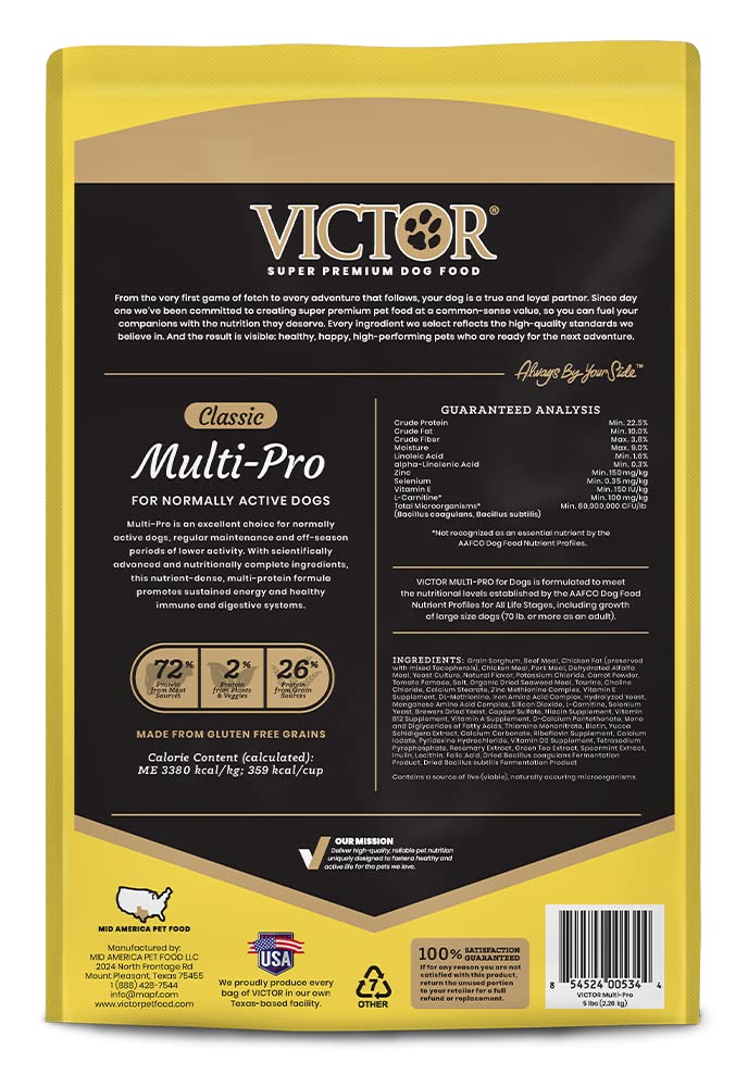 VICTOR Super Premium Multi-Pro Dry Dog Food - Gluten Free with Beef, Chicken and Pork Protein for Normally Active Dogs - All Bre