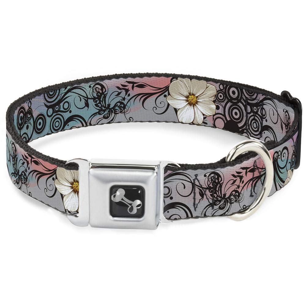 Buckle-Down Seatbelt Buckle Dog Collar - Flowers W/Filigree Pink - 1' Wide - Fits 11-17' Neck - Medium