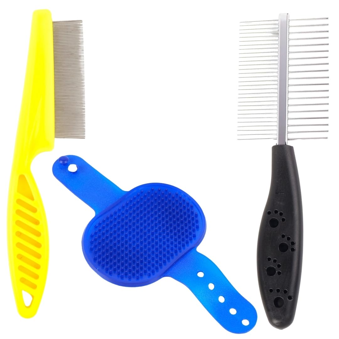 Professional Pet Grooming Comb Set, Yellow and Blue Brush with Black Steel Pin Comb, 3 Piece Dog Brush Kit for Detangling, Demat