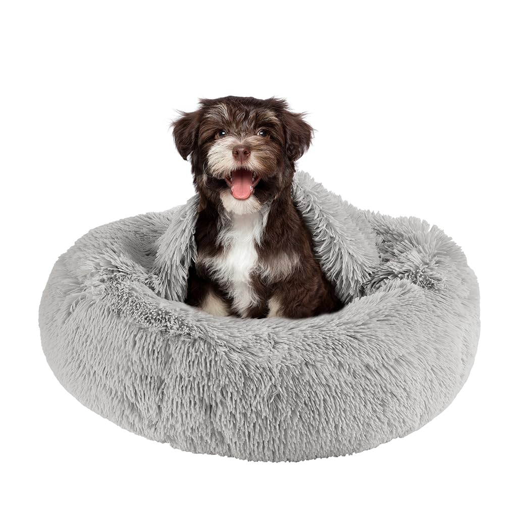 Friends Forever Luna Donut Cat Bed Cave, Soft Faux Fur Hooded Blanket Dog Couch For Indoor Pet, Fluffy Calming Plush Shag, Cozy 