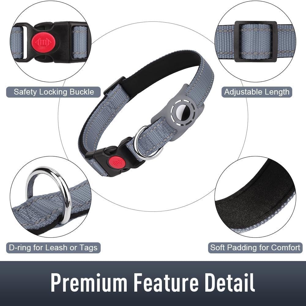 Erbine Airtag Dog Collar For Large Dogs, Reflective Dog Collars With Airtag Holder, Soft Padded & Safety Locking Buckle, Nylon Pet Collar Adjustable For All Breeds, Gray