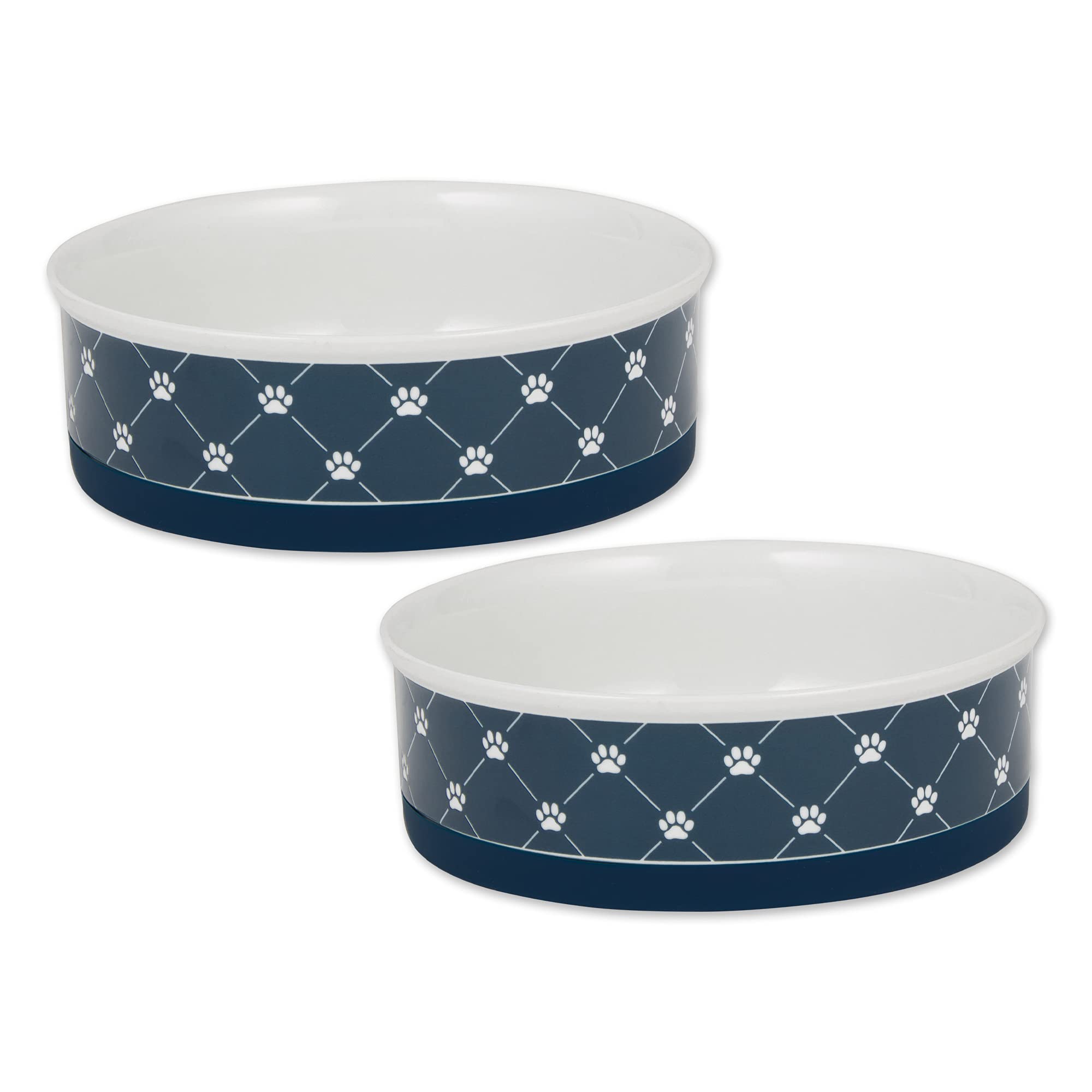 Bone Dry Trellis Paw Print Pet Bowl Set Microwave & Dishwasher Safe, Nonslip Silicone Bottom For Less Mess, Large 7.5X2.4, Navy