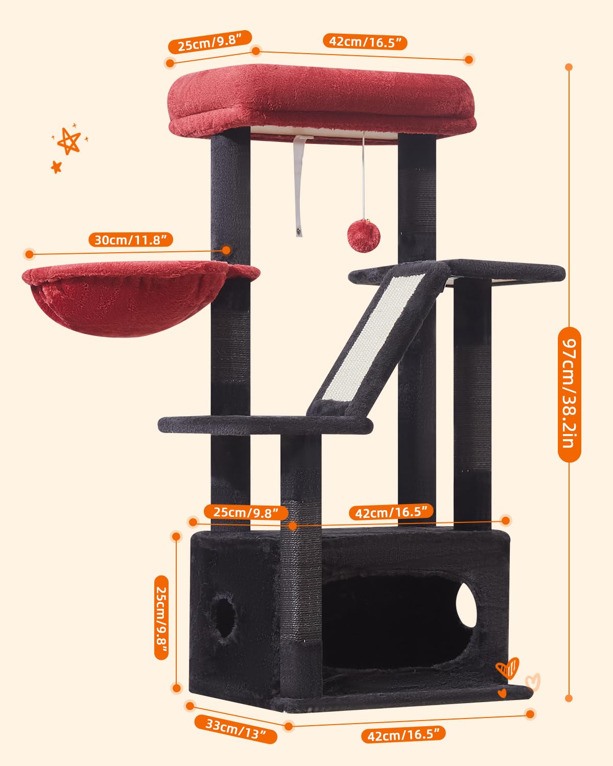Taoqimiao Cat Tree Tower, 38.5-Inch Indoor Condo, Plush Black and Red, Model MS029SBR, Adjustable Baskets for Kittens