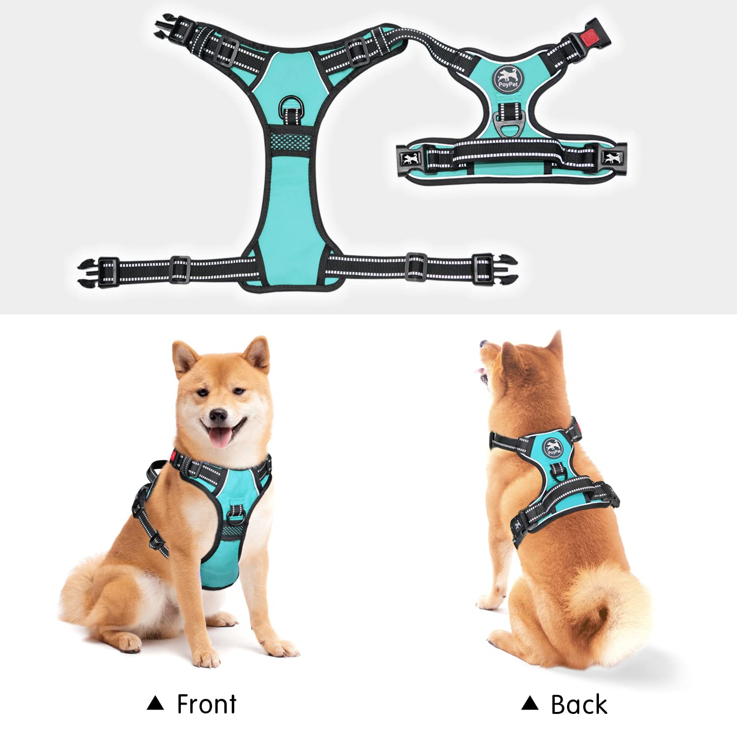 Poypet Dog Harness No Pull, Reflective Adjustable No Choke Pet Vest With Front & Back Clips, Soft Padded And Control Training Handle For Large Dogs(Mint Blue,Xl)