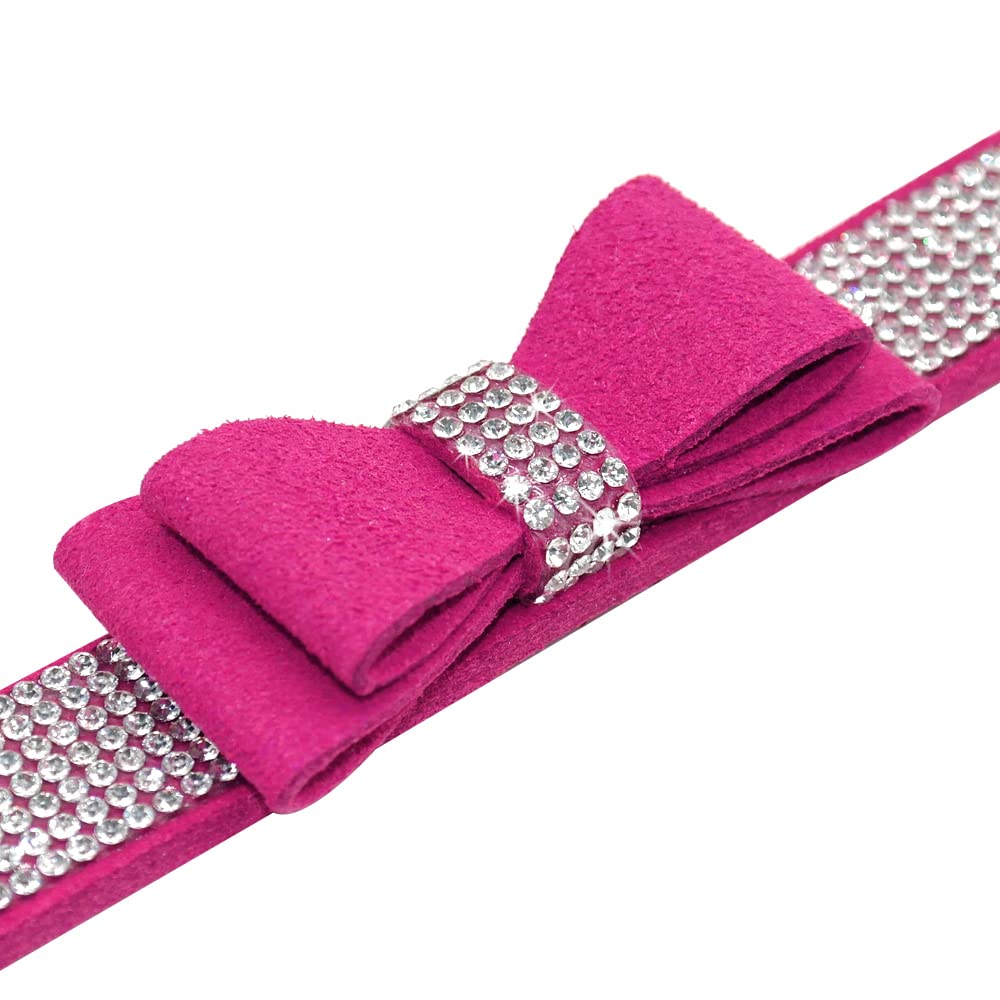 Beirui Rhinestone Bling Leather Dog & Cat Collar - Flocking Sparkly Crystal Diamonds Studded - Cute Double Bowknot For Pet Show & Daily Walking,Hot Pink,Xxs Neck Fit 6-8'
