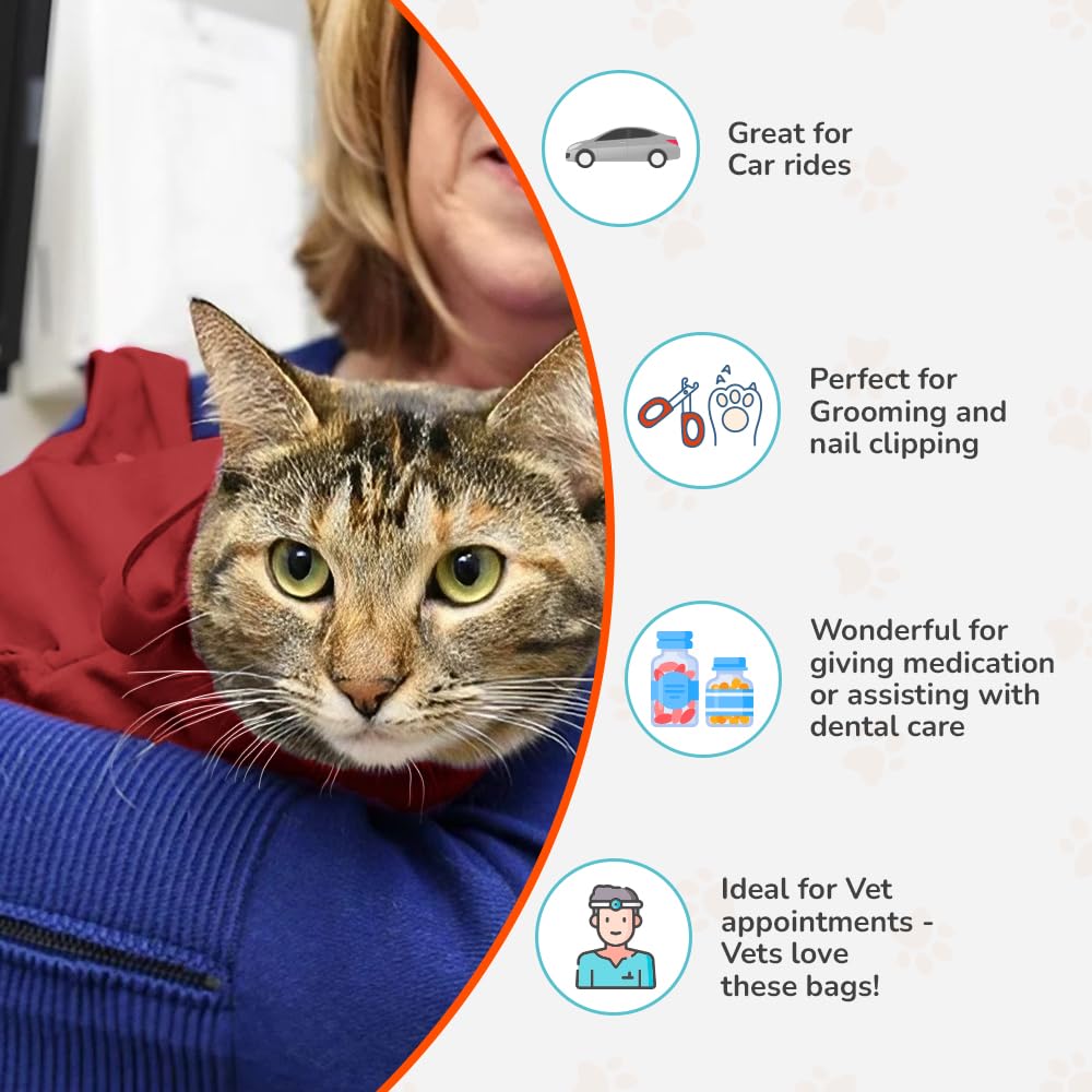 Cat-in-the-Bag Cozy Comfort Carrier - Large Soft Red Cat Carrier and Cat Restraint Bag for Nail Trimming, Vet Visits, Medication
