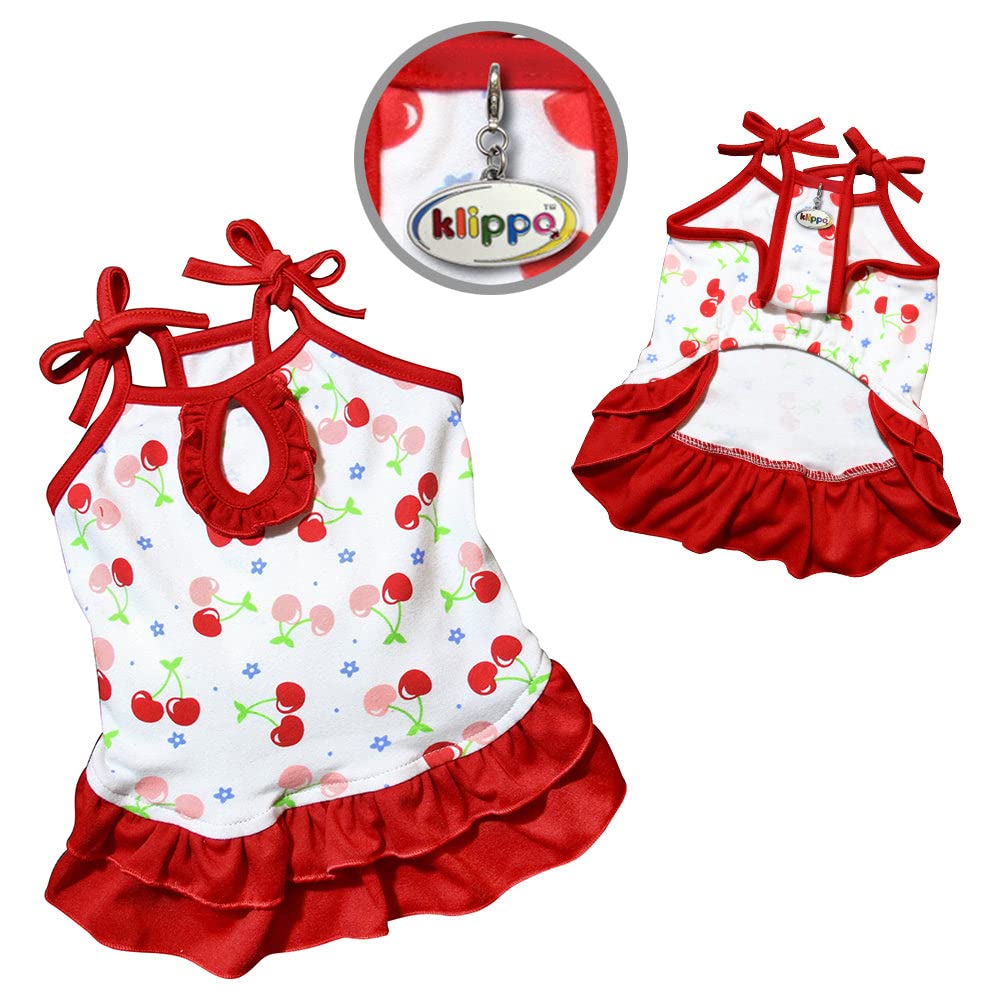 Klippo Cherries Sundress/Picnic Dress Made With Soft Knit Cotton; Adjustable Shoulder Straps For Small Dog/Puppy - M
