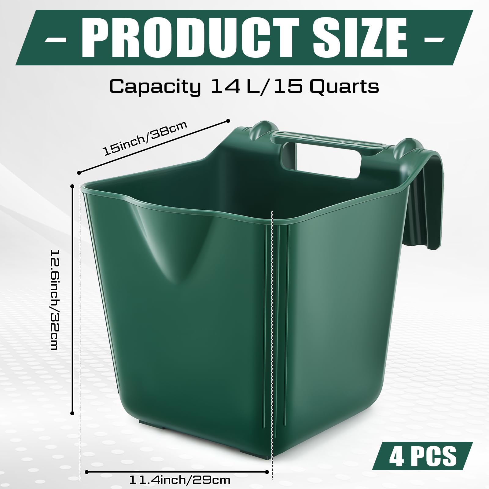 4 Pack 15 Quart Horse Feeders for Stall Hook Over Hanging Fence Hay Feeder Mountable Livestock Plastic Feed Bucket for Farm Stal