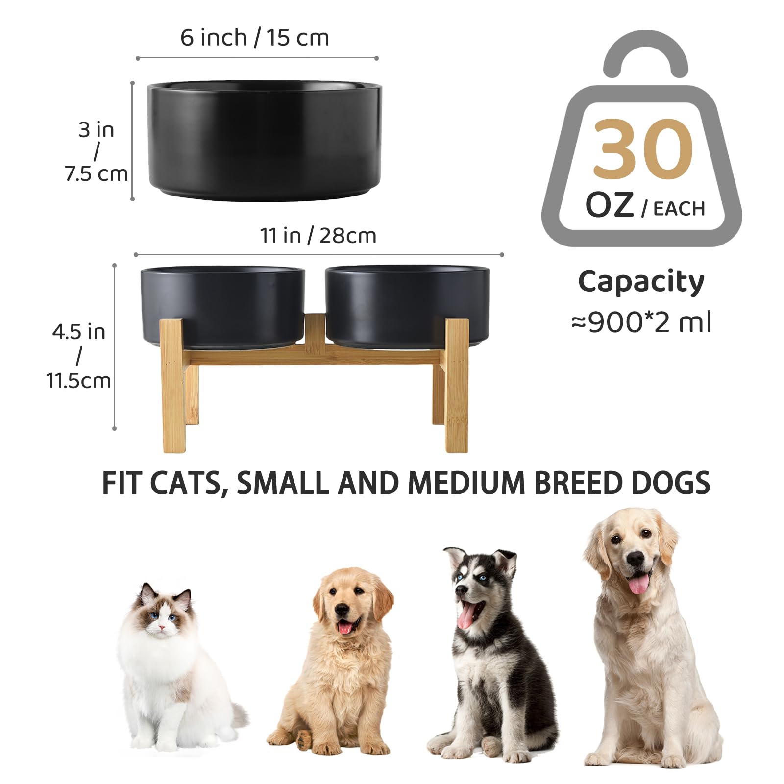 Welloyed Raised Ceramic Dog Bowl Set - Elevated Dog Bowls with Non Slip Bamboo Stand, Food and Water Bowl Set for Small and Medi