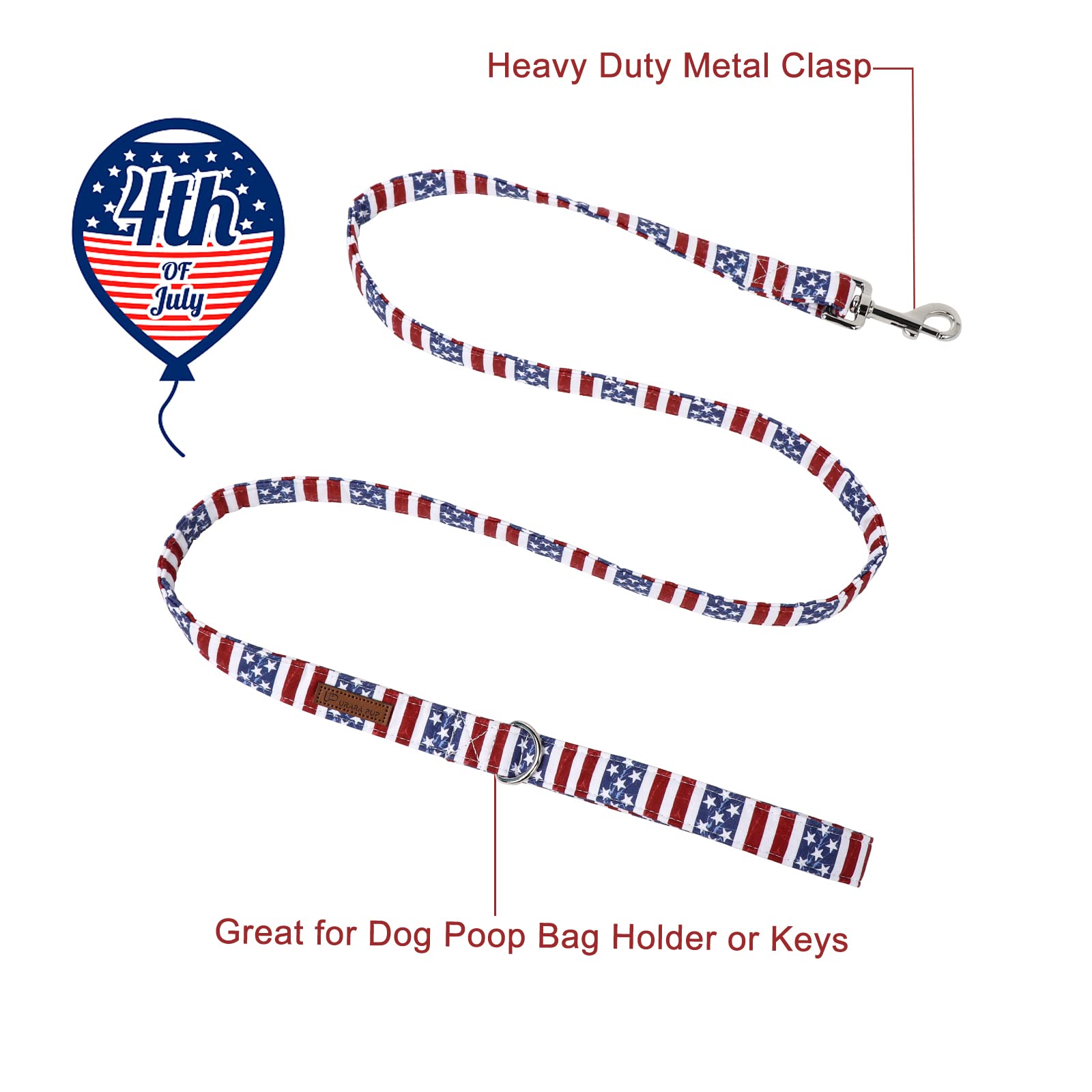 Up Urara Pup Patriotic Dog Collar & Leash - American Flag Design, Sturdy & Durable Cotton For Small To Large Dogs