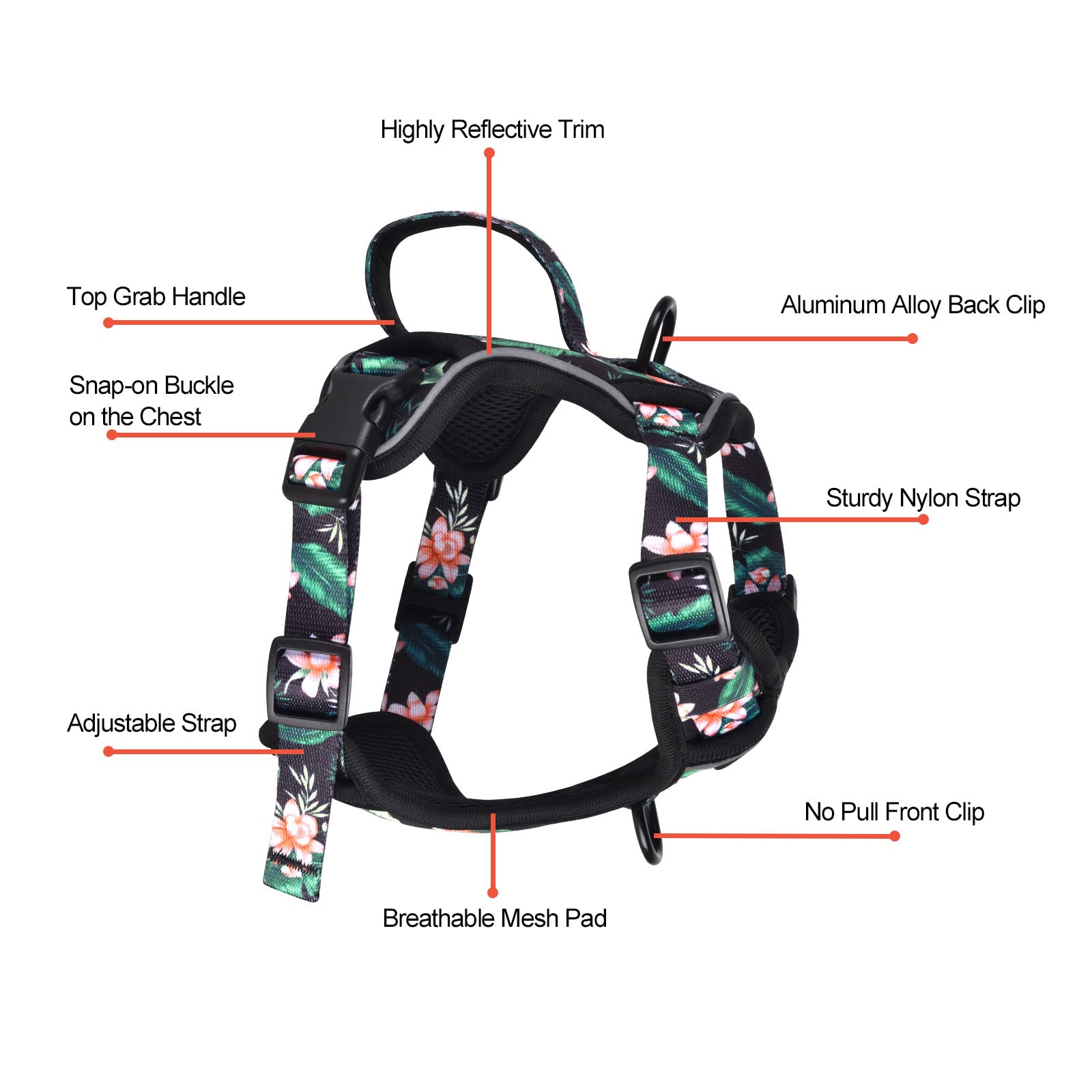 Petmolico Dog Harness For Small Dogs No Pull, Cute Dog Harness With Two Leash Clips And Soft Handle, Reflective Easy Walk Dog Harness With Leash, Black Lotus Small