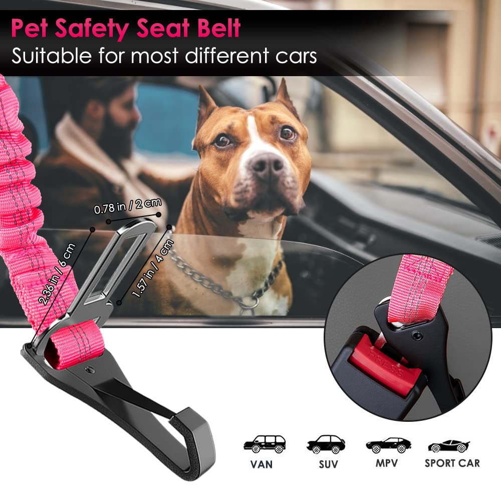 Slowton 2 Pack Dog Seat Belt, 2 In 1 Attachment, Hook Latch Bar Or Seatbelt Buckle With Elastic Nylon Bungee Buffer Adjustable Reflective Nylon Safety Belt Tether Connect To Dog Harness (2Pack-Fl)
