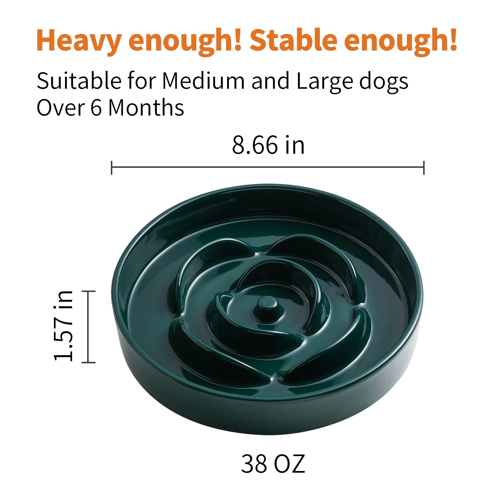 8.66 in Green Ceramic Slow Feeder Dog Bowl for Medium and Large Breed,Pet Feeding Dog Food Water Dish Heavy Weighted,Puppy Bowl
