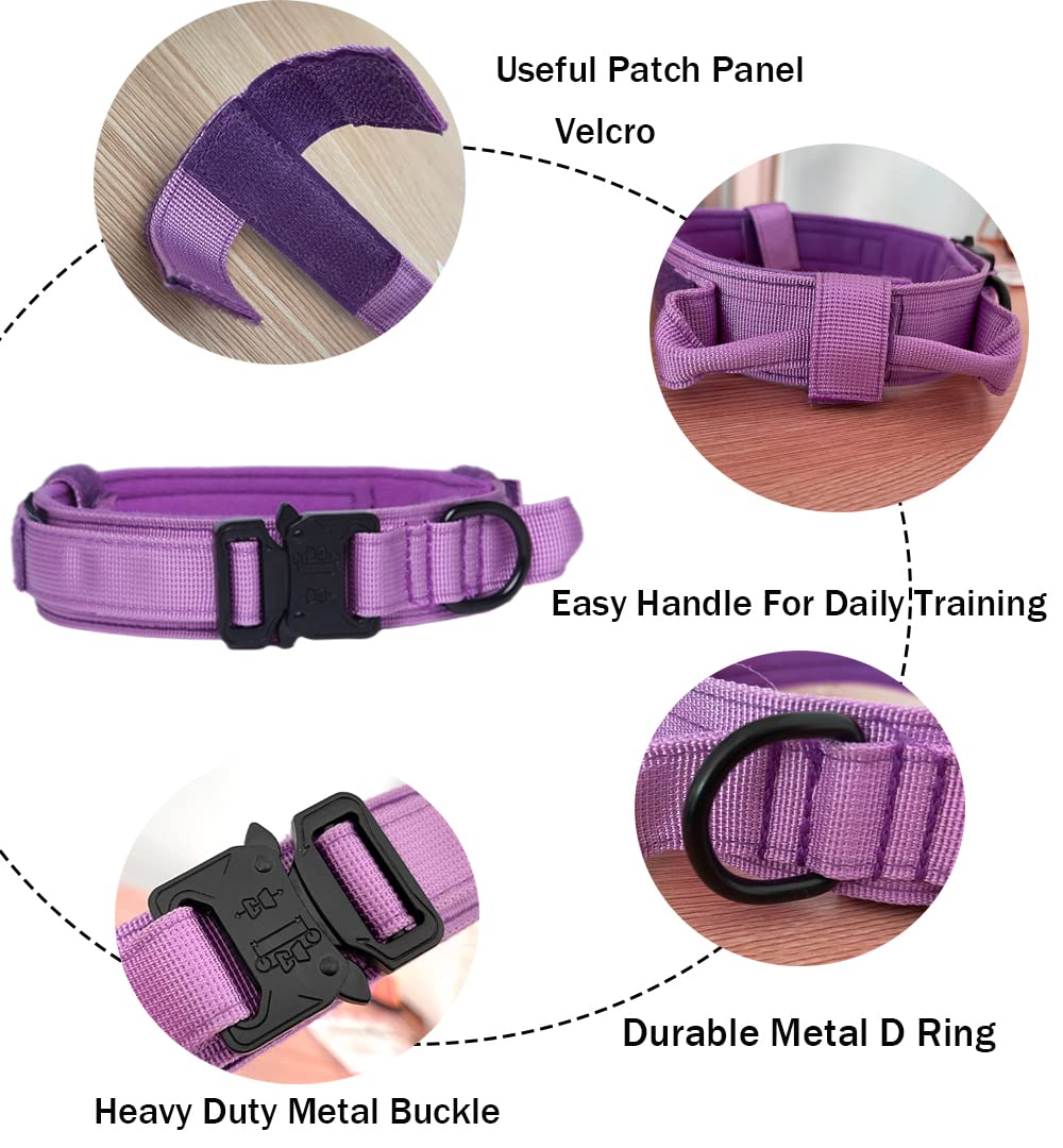 Tactical Dog Collar And Leash Set Tactical Dog Collar With Handle Bungee Leash Adjustable Military Training Nylon Collar Dog Training Collar Leash Set With Control Handleand Metal Buckle(Purple S