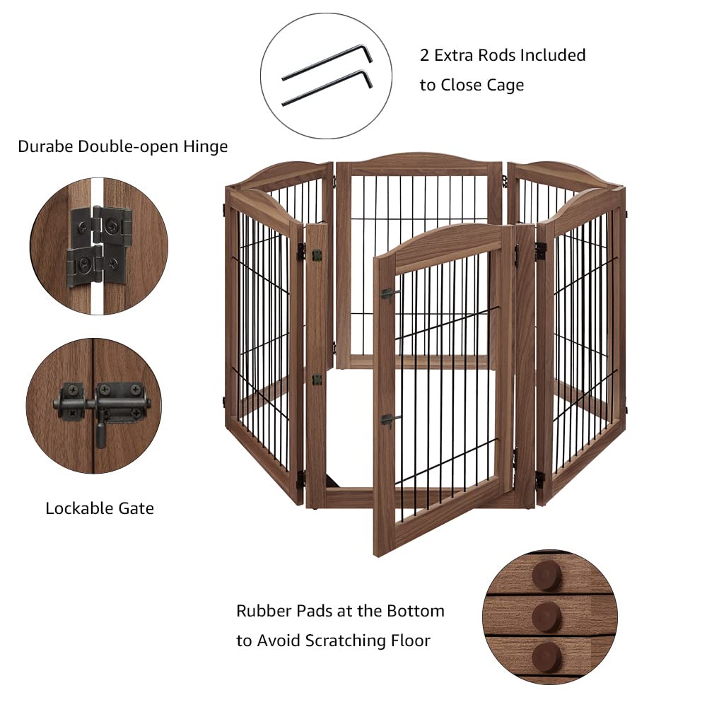 unipaws Pet Playpen - 6 Panels Extra Wide Dog Gate, Foldable MDF & Wire Barrier, 132"W x 31.5"H, Walnut, Model UH5112