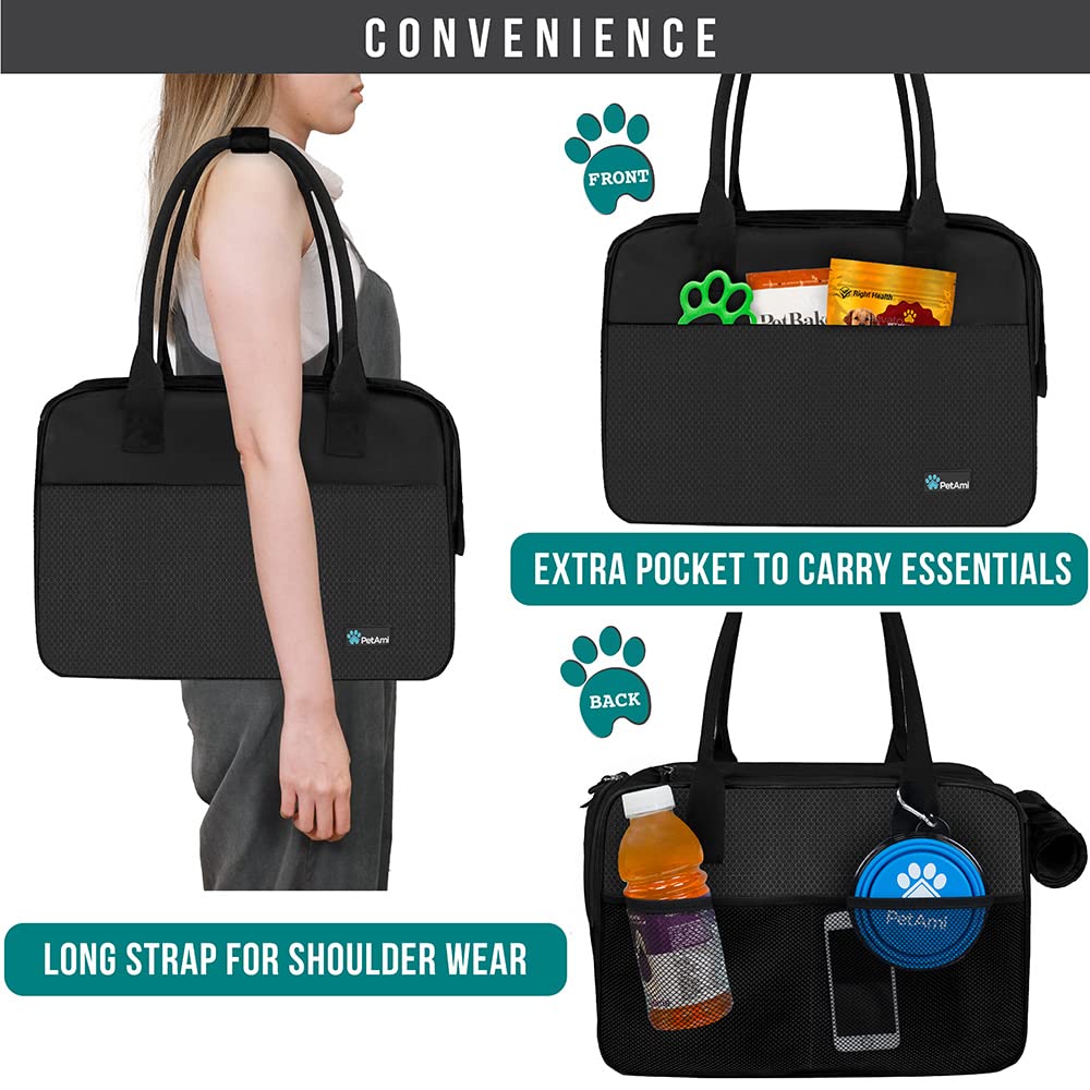 Petami Dog Purse Carrier For Small Dogs, Airline Approved Soft Sided Pet Carrier With Pockets, Ventilated Dog Carrying Bag For Puppy Cat, Dog Travel Supplies Bag, Sherpa Bed, Max 12 Lbs, Black