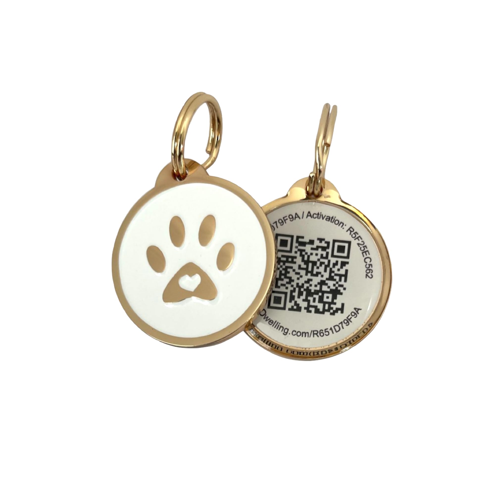 Pet Dwelling Premium Qr Code Pet Id Tags - Dog Tags And Cat Tags, Connect To Online Pet Profile, Receive Instant Scanned Tag Location Email Alert(Lux Gold White Paw)