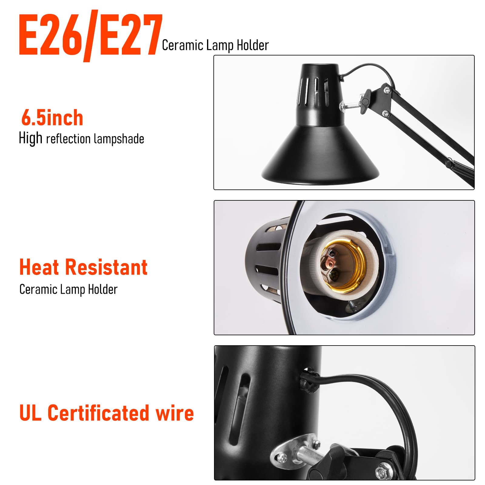 DXOVEEN Reptile Heat Lamp Fixture with Adjustable Swing Arm, 15.7-74.3in, Black, Model LP01 for Bearded Dragons, Turtles, Snakes, and