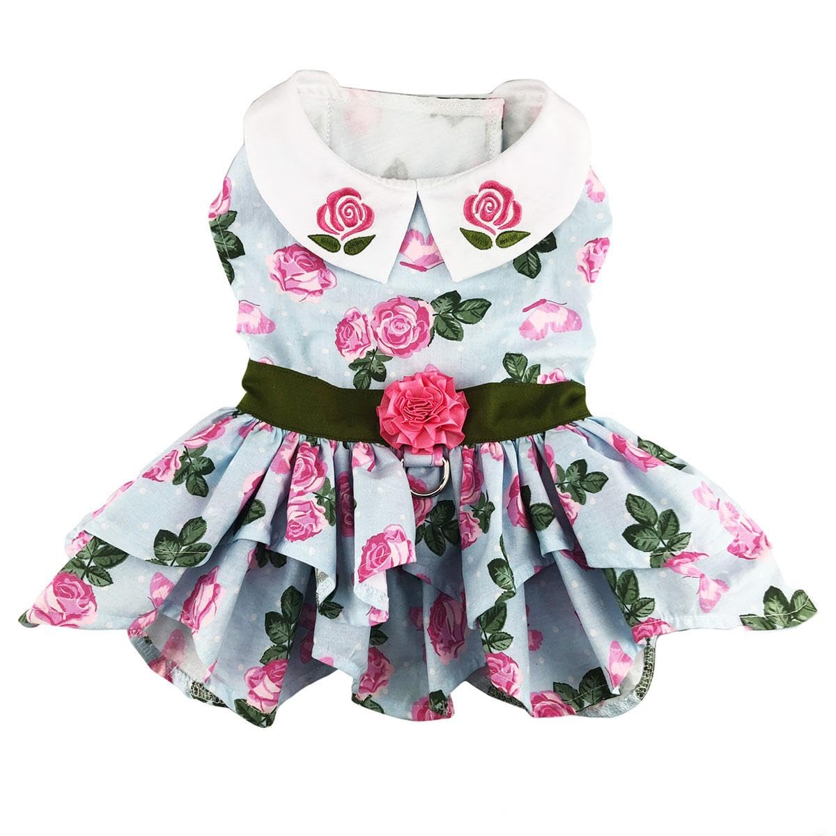 Doggie Design Pink Rose Dog Harness Dress With Matching Leash (Large)