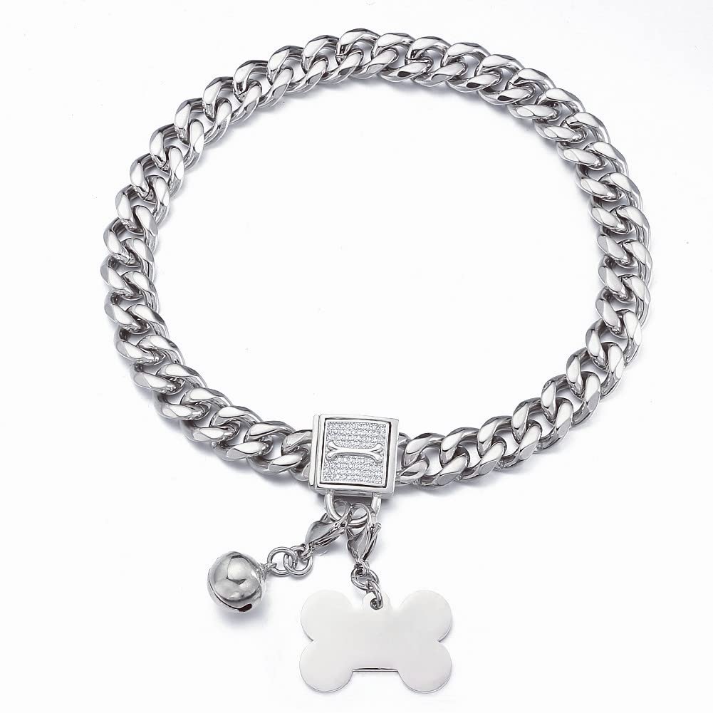 Rumypet Silver Cuban Link Dog Collar Chew Proof Metal Stainless Steel Dog Chain Collar With Cz Lock,Id Tag And Bell 11/15/19Mm For Small Medium Large Dogs(15Mm,16Inch)