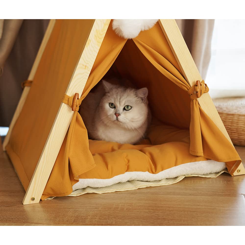 Solid Wood Cat Indoor Tent With Thick Mat,Portable Dog House Dog Teepee Tent,Cute Cat Teepee Cave Cat Bed,Dog Bed (Orange)
