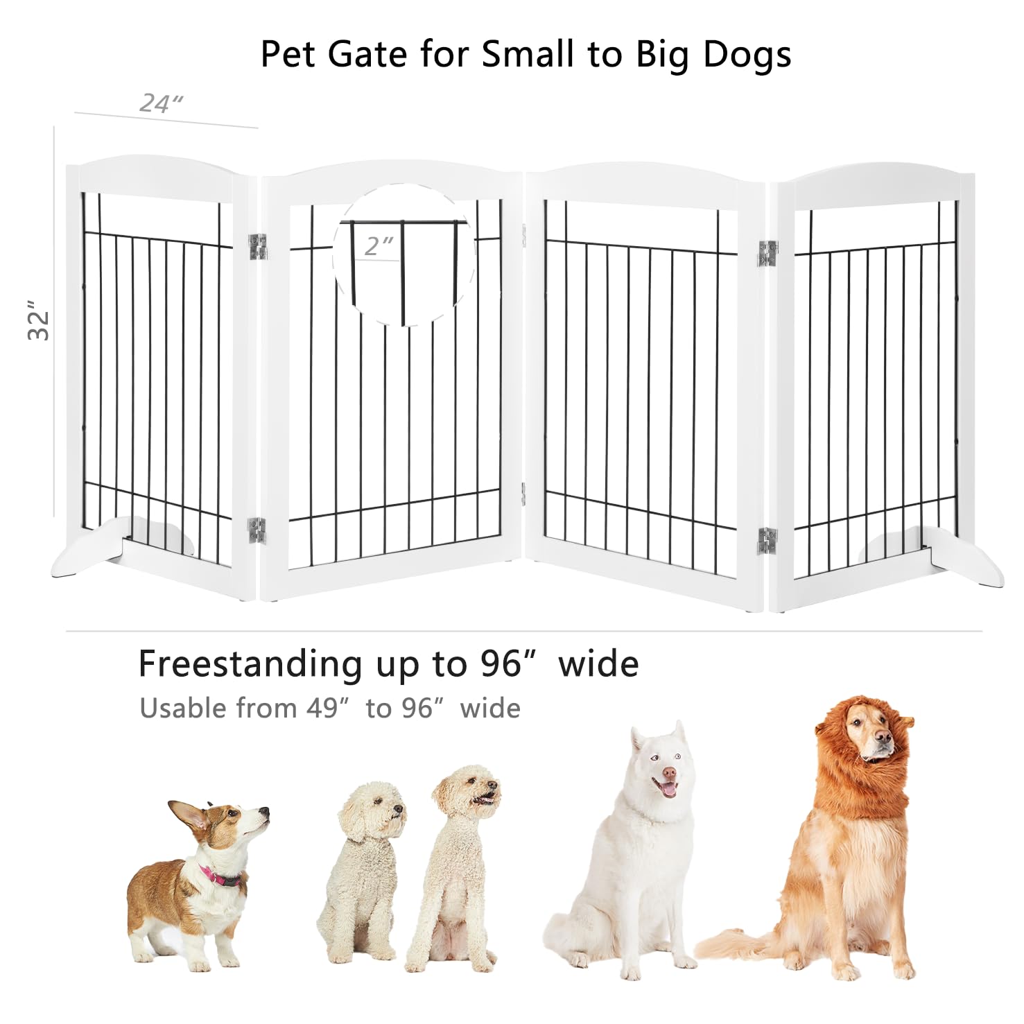 PAWLAND Extra Wide Dog Gate - 4 Panel Wooden Pet Fence, 96"W x 30"H, Freestanding, White, Model SS18-UTXP204