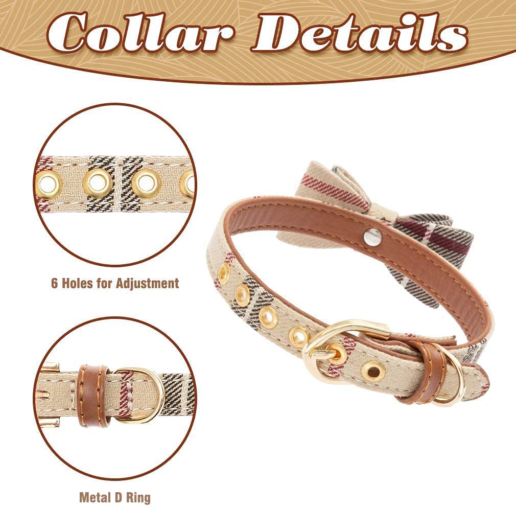 Expawlorer Dog Collar And Leash Set - Classic Plaid Dog Bow Tie And Dog Bandana Collar, Dog Leash Tangle Free, Adjustable Collar