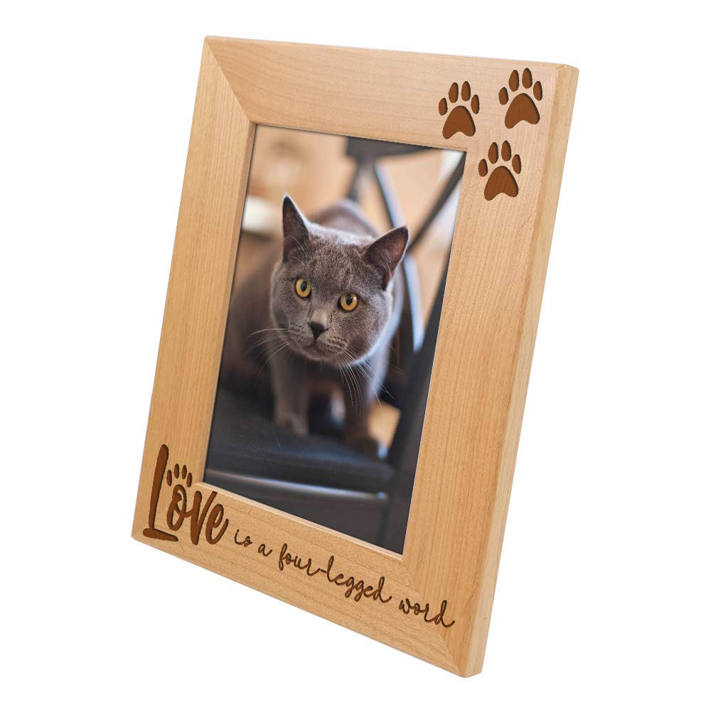 Love is a Four-Legged Word Wood-Engraved Pet Picture Frame - Dog & Cat Mom & Dad, Paw Print, Memorial, Lover Gift (5x7 Vertical)