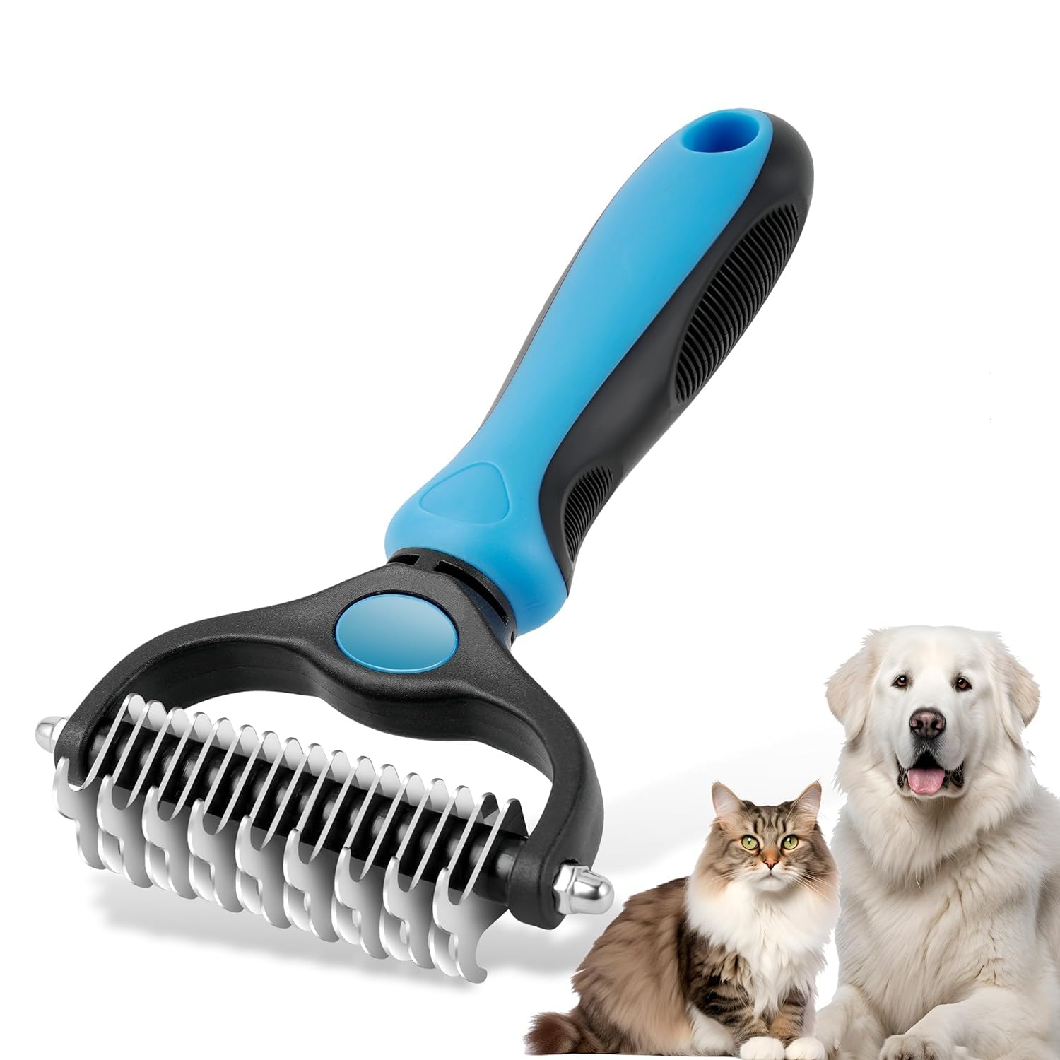 Behahai Pet Grooming Brush, Double Sided Undercoat Rake, Professional Deshedding Tool For Dogs & Cats, Blue.