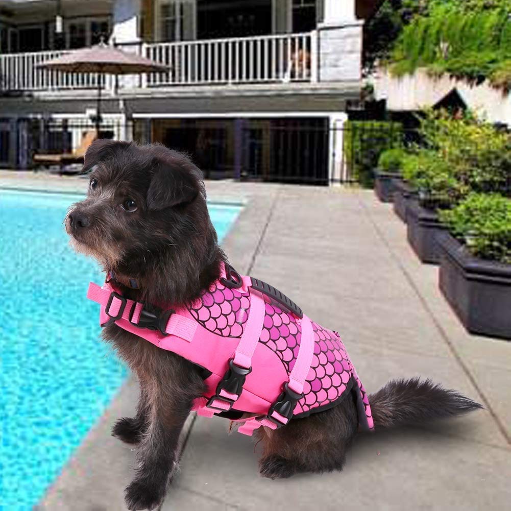 Queenmore Dog Life Jacket Ripstop Shark Dog Safety Vest Adjustable Preserver With High Buoyancy And Durable Rescue Handle For Small,Medium,Large Dogs, Pink Fish Medium