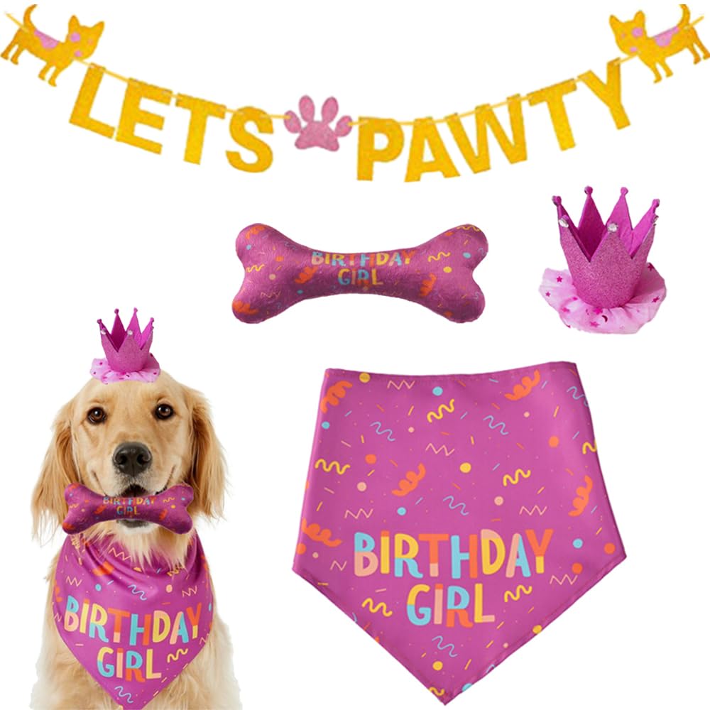 Idolpet Dog Birthday Bandana Large Dog Birthday Hat Happy Birthday Dog Bone Toy Dog Party Set Pet Happy Birthday Party Suppliers Dog Birthday Accessories And Pet Decorations (Pink)