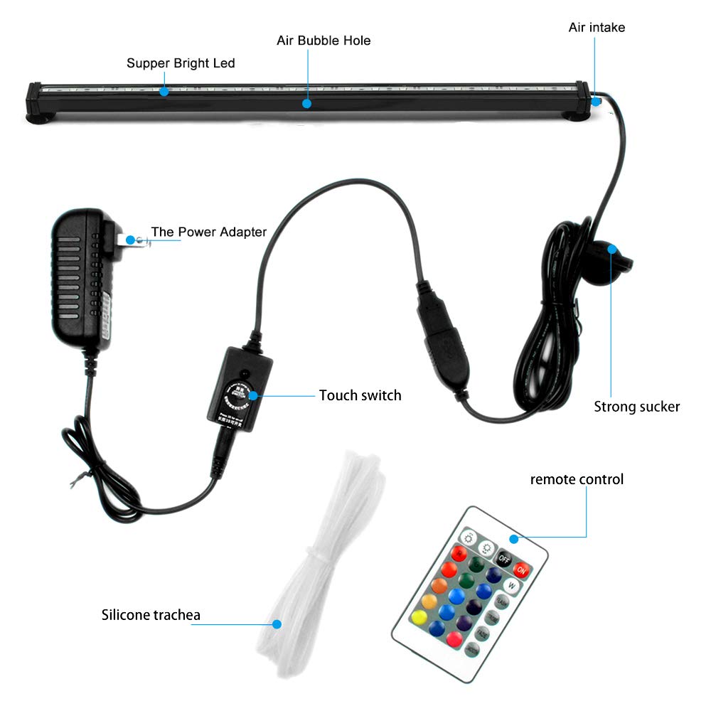 Szminiled Submersible Aquarium Light, Fish Tank Light With Air Bubble Hole, Rgb Color Changing Brightness Adjustable Ip68 Waterproof Remote Control Led Light For Aquarium Fish Tank 20 Inch