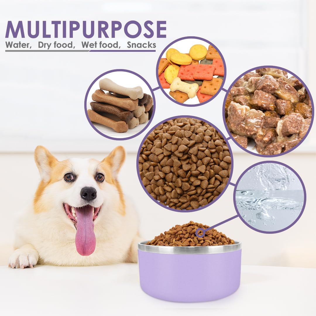 IKITCHEN Dog Bowl for Food and Water, 64 Oz Stainless Steel Pet Feeding Bowl, Durable Non-Skid Insulated Heavy Duty with Rubber