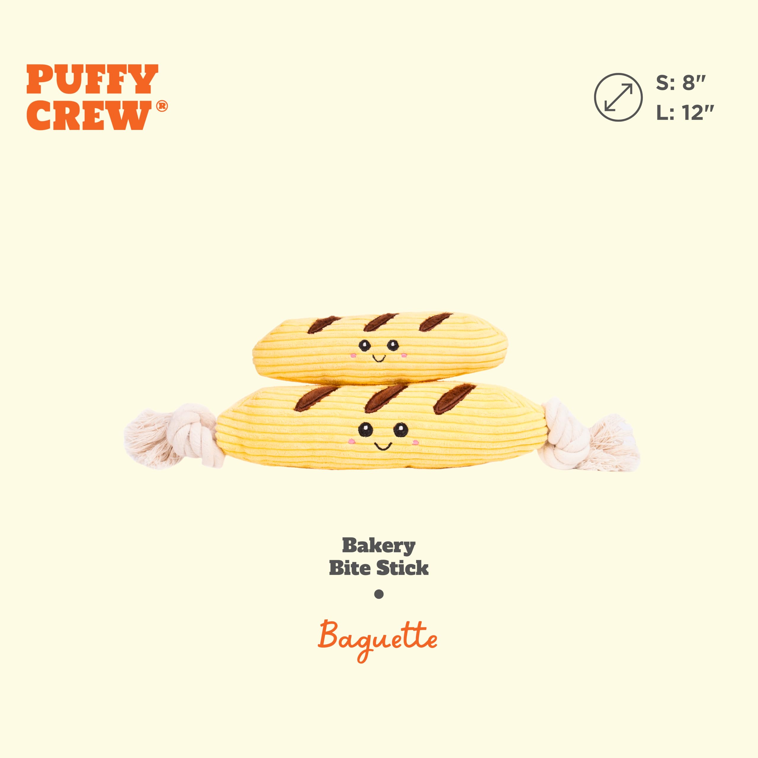 Puffy Crew Squeaky Dog Plush Toy, Bakery Bite_Stick Collection, 8'', For Small And Medium Dogs (Baguette, Small)