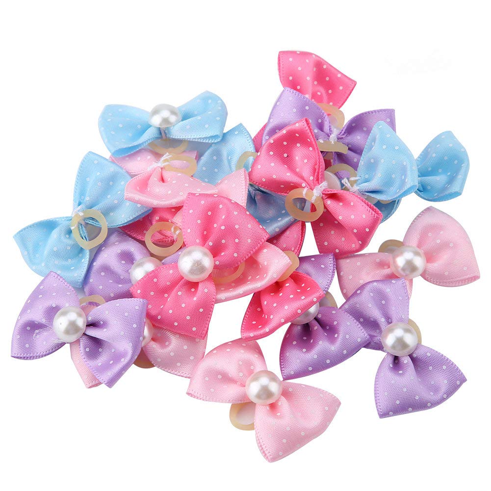 Heepdd 20Pcs Pet Grooming Bowsknots With Faux Pearls - Hair Bands For Cats, Dogs, Kittens, Puppies