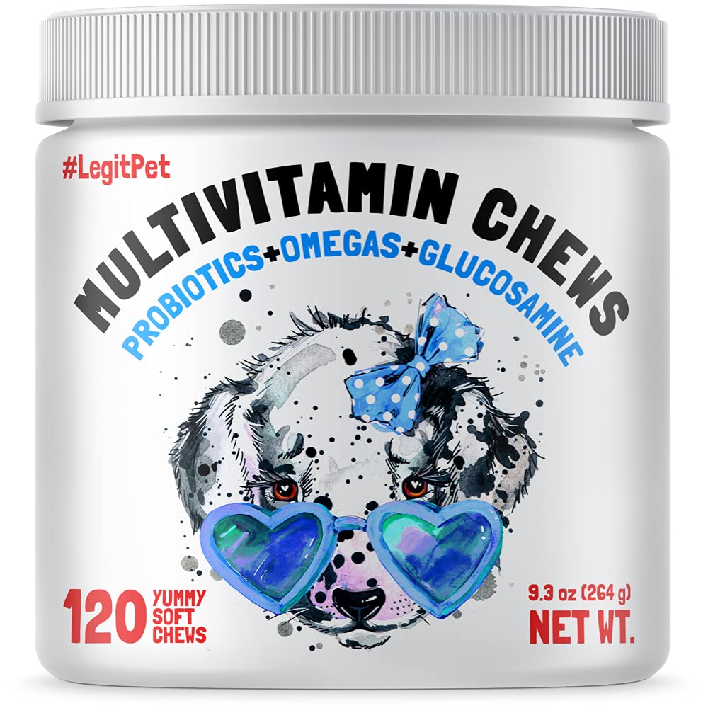 Dog Vitamins - 120 Multivitamins Chews w/Glucosamine Chondroitin, Probiotics Digestive Enzymes and Omegas - Supplement for Overa