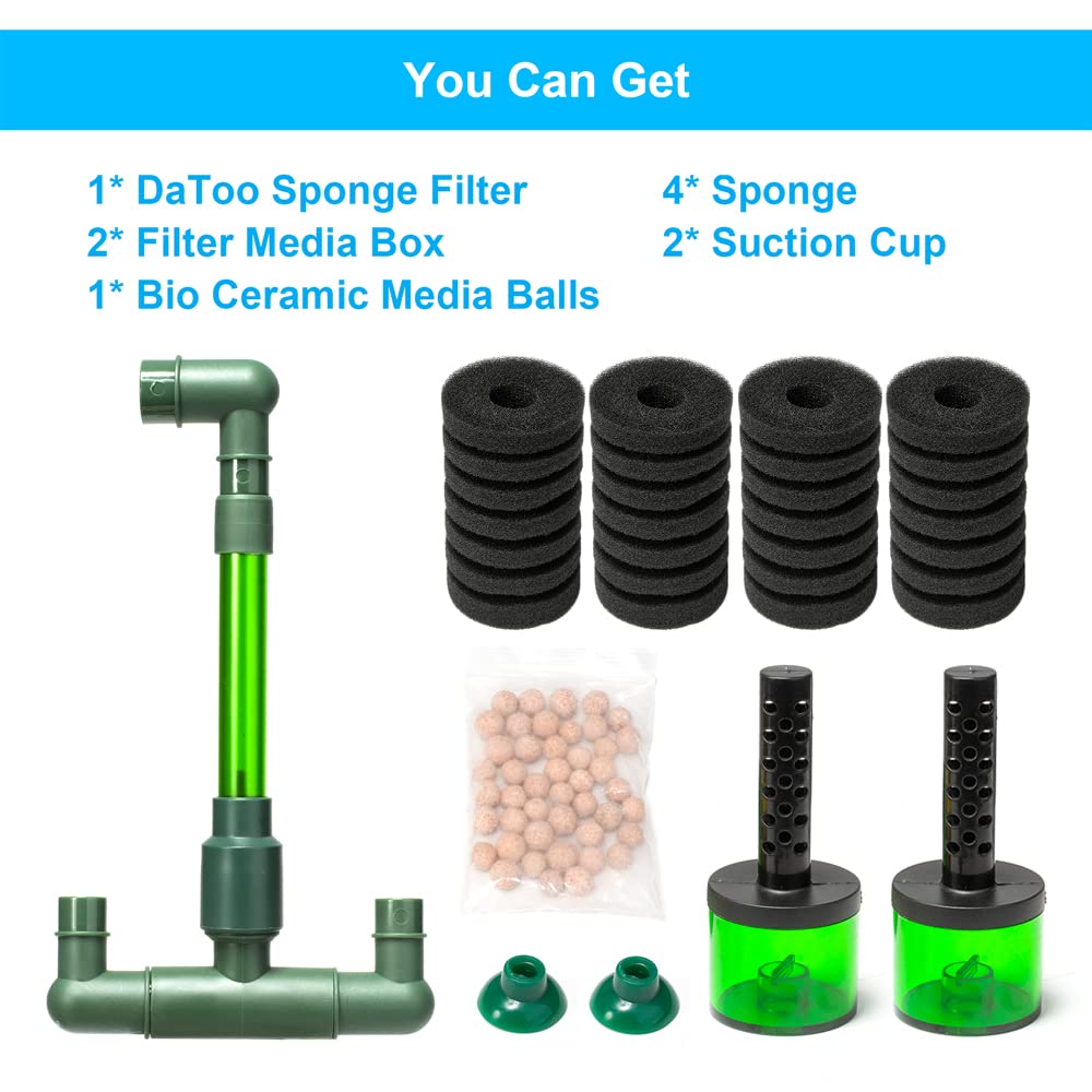 DaToo DT-100A Aquarium Sponge Filter for 10-40 Gallon Tanks, Quiet Submersible Bio Filter with 2 Spare Sponges & Bio Ceramic Media Balls