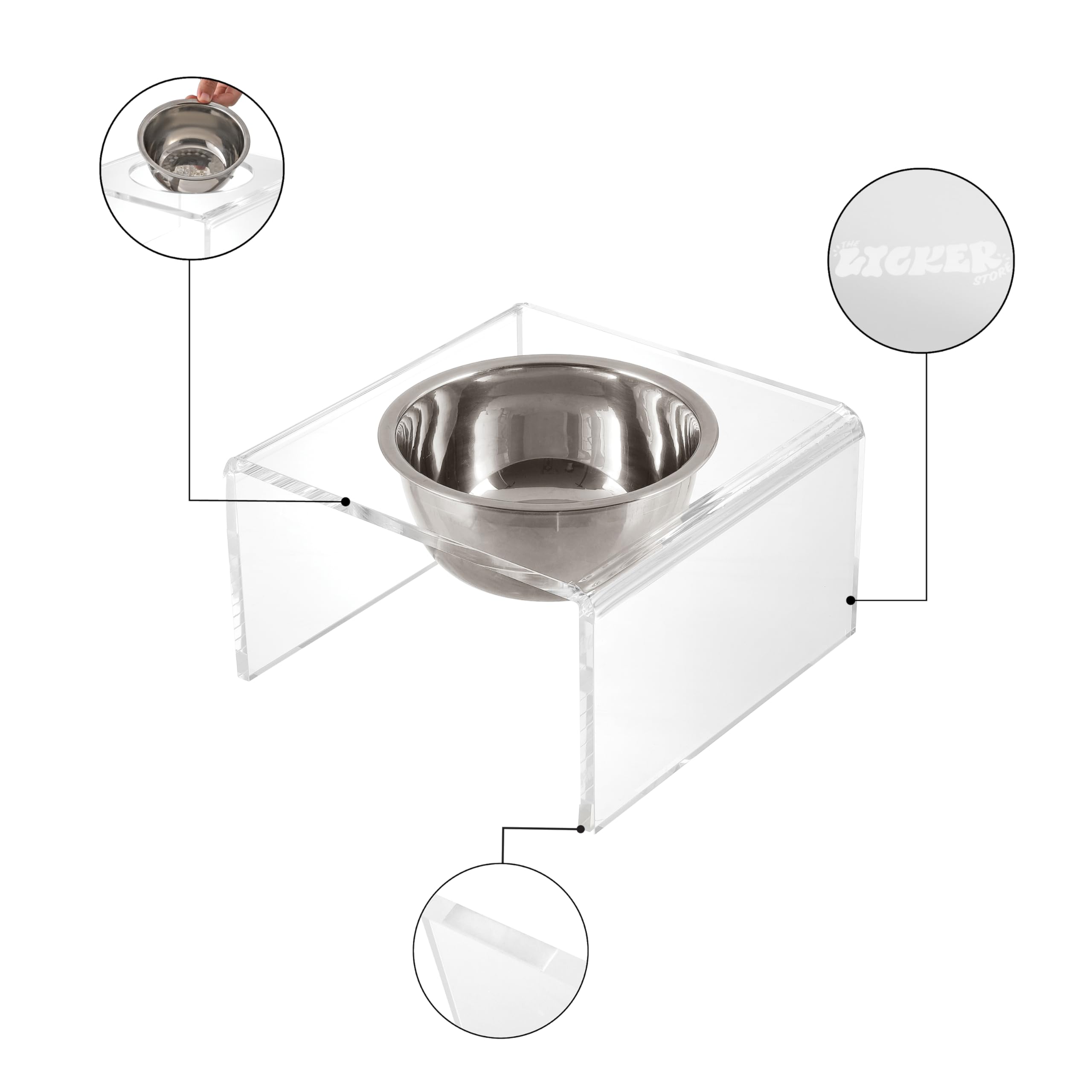 The LICKER Store DBL2002A Keaton 5 Small/Medium Modern Acrylic Rectangular Elevated Pet Feeder with 20oz 1-Stainless Steel Bowl,