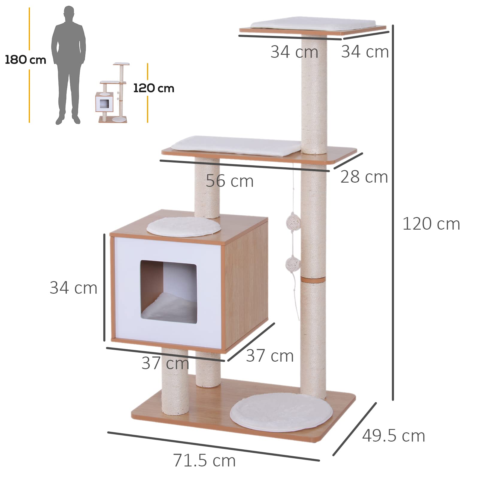 Pawhut Wood Cat Tree Scratching Post For Indoor Cats Kitten House Condo Activity Center W/Cushion Hanging Toy Multi-Level