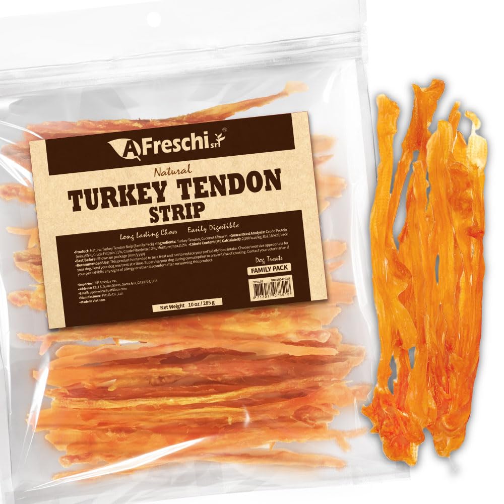 Afreschi Natural Turkey Tendon Strip 10oz, Turkey Sourced from USA, All Natural Puppy Chew, Hypoallergenic, Rawhide Alternative