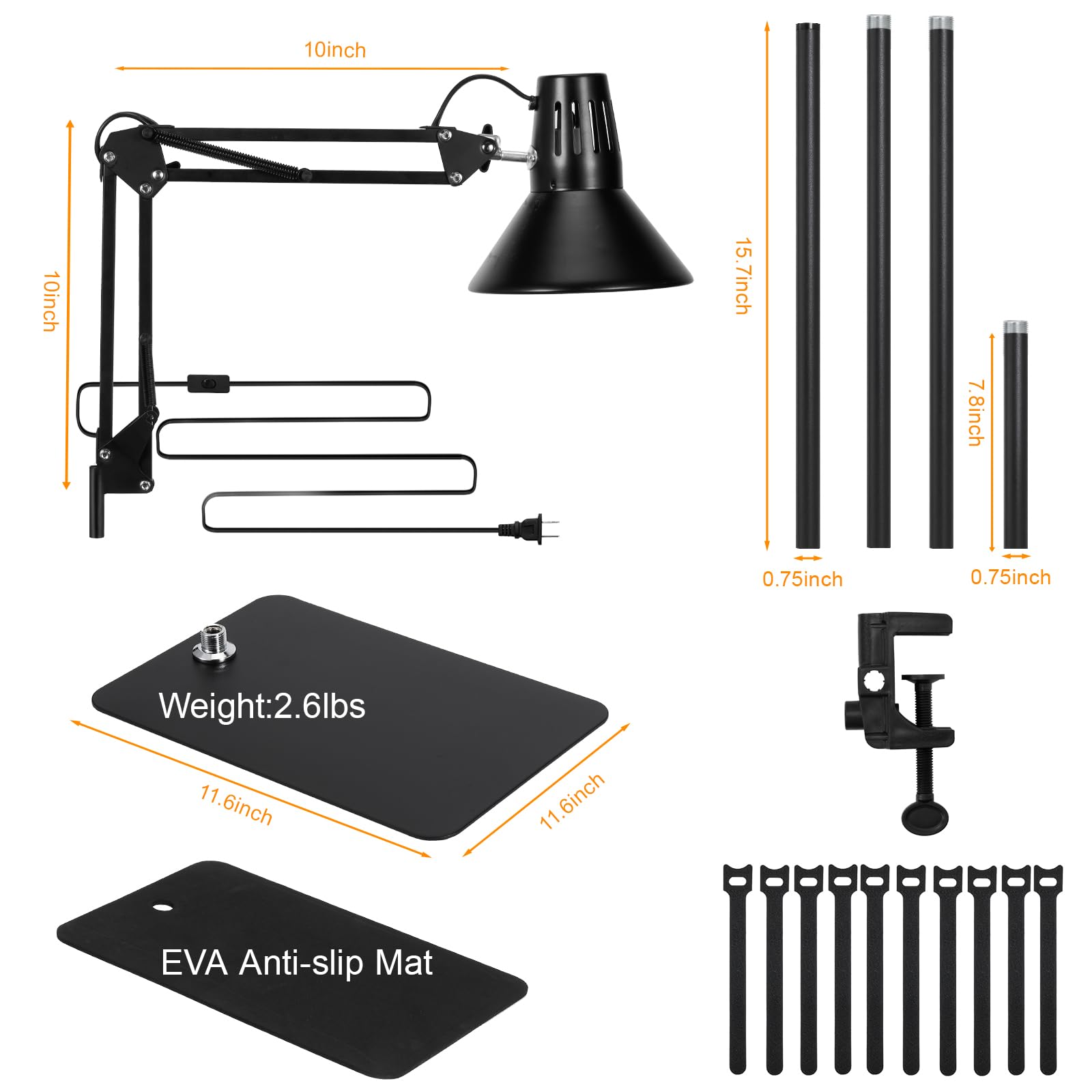 DXOVEEN Reptile Heat Lamp Fixture with Adjustable Swing Arm, 15.7-74.3in, Black, Model LP01 for Bearded Dragons, Turtles, Snakes, and
