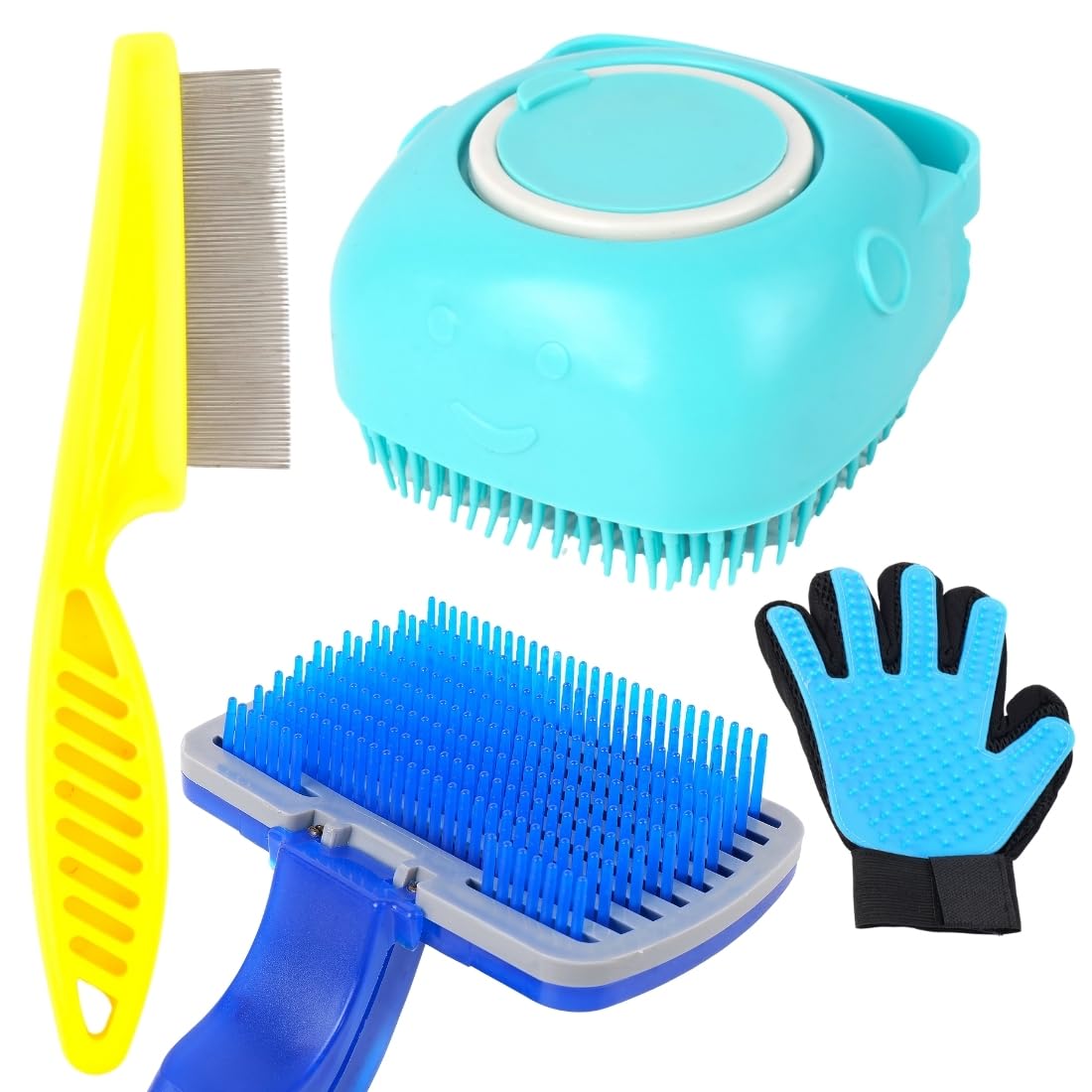 Pet Grooming Kit With SelfCleaning Brush, Deshedding Glove, Metal Comb For Dogs, Blue, Yellow, Turquoise, 4 Piece Set