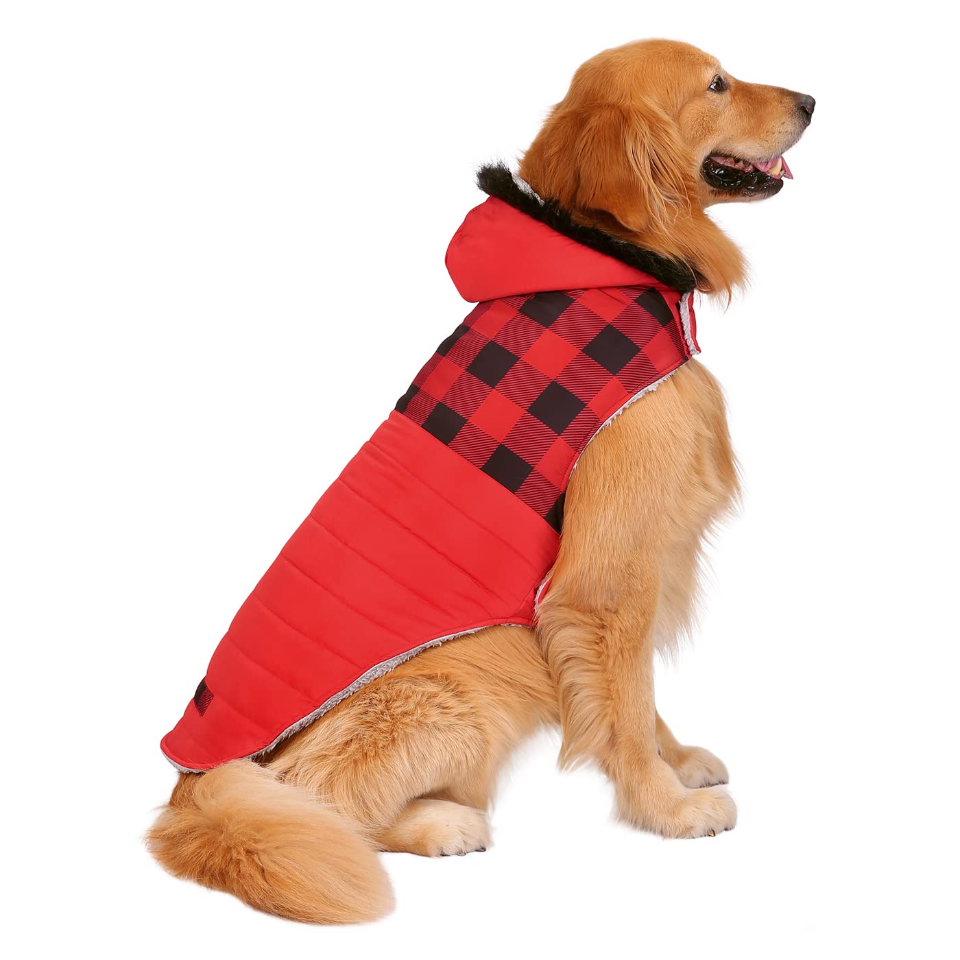 Hde Dog Puffer Jacket Fleece Lined Warm Dog Parka Winter Coat With Harness Hole Buffalo Plaid - Xl
