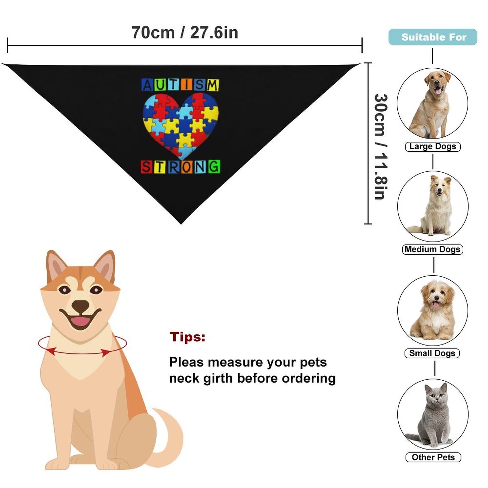 Dog Bandanas Autism Strong Heart Puzzle Piece Awareness (2) Puppy Pet V-Neck Bibs Scarf Triangle Adjustable Kerchief Accessories