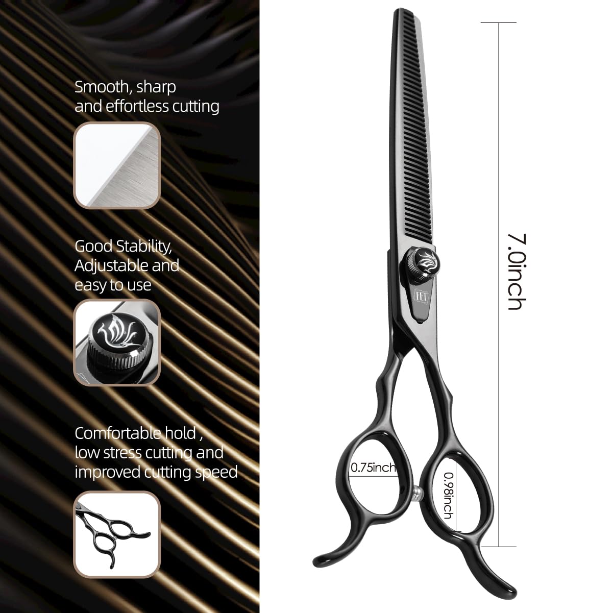 Fenice Totem Dog Grooming Scissors: 7.5 Inch Bright Black Pet Thinning Shears Made Of Japanese 440C Advanced Stainless Steel Pro