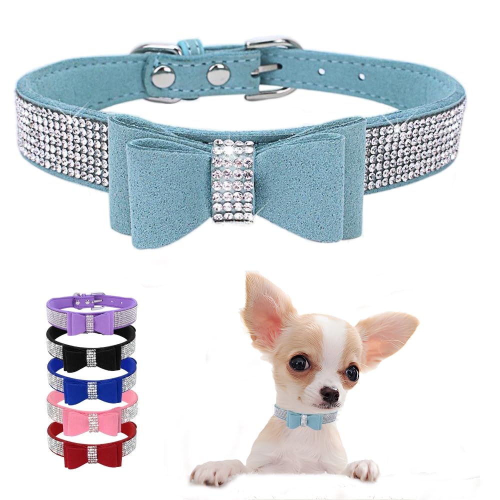 Blue Girl Dog Collars For Medium Dogs With Bow, Rhinestone Puppy Collar Diamond Cat Collars Bling Sparkly Jewelry Cute Adjustabl