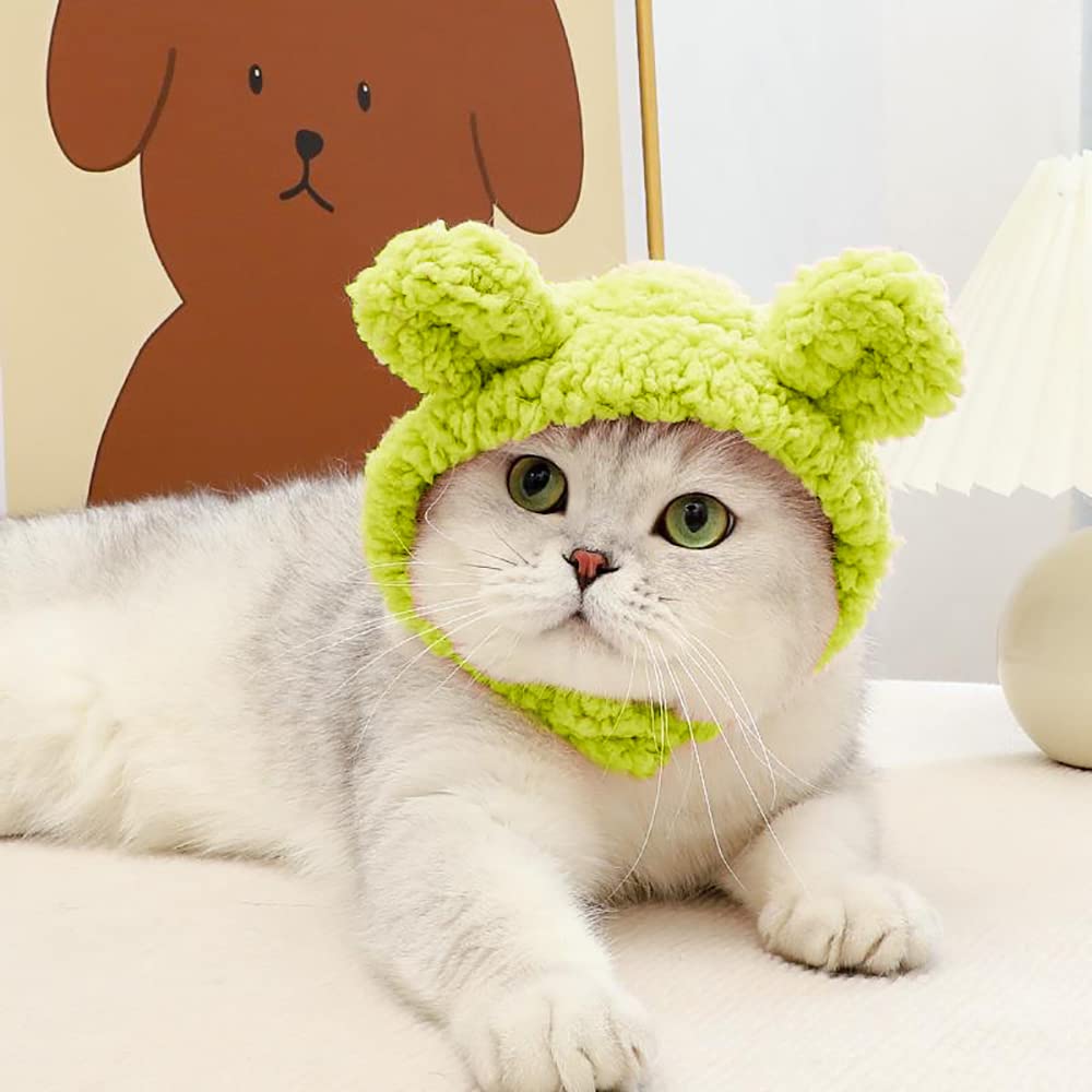 Joicee Cute Cat Costume Warm Bear Hat For Cat Adjustable Soft Small Pet Headwear Bear Hat For Cat Puppy Dog (Avocado Color)
