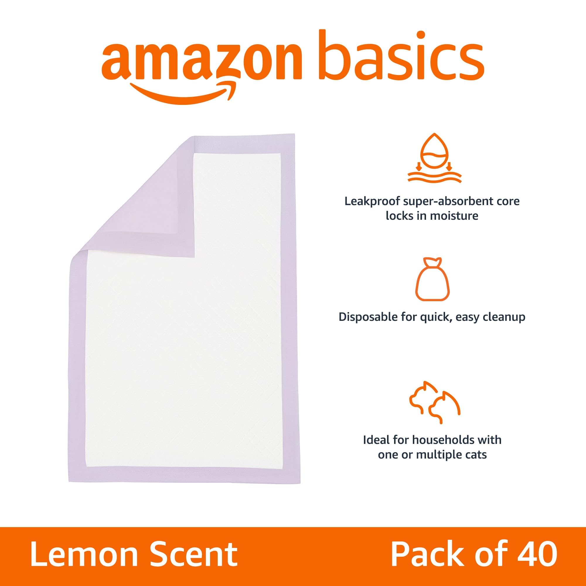 Amazon Basics Cat Litters Pee Pads, 40 Count, Universal Fit for Litter Box, Odor Control with Lemon Scent, Purple and White
