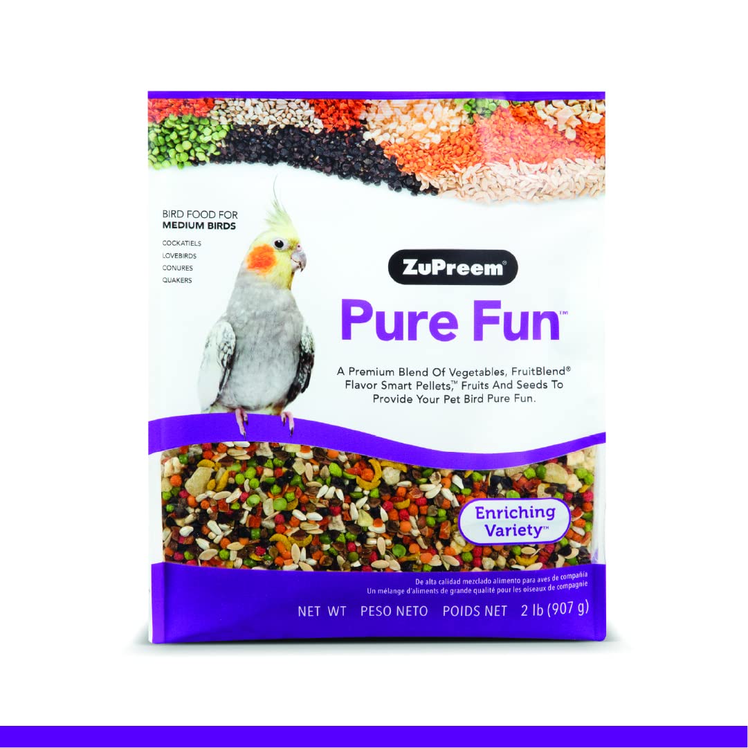 ZuPreem Pure Fun Bird Food, Cockatiel, Lovebird, Quaker, Small Conure, Lorikeet, Seed and Pellet Blend for Medium Birds, Food Mi