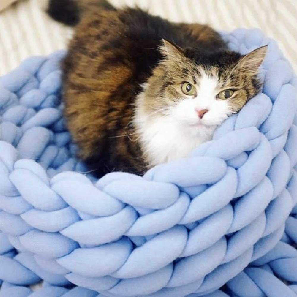 Lucky Monet Cat Basket Bed Cotton Knitted Round Pet Beds For Cats Cute Boho Cat Pet Bed Warm Woven Cat Nest For Puppy Kitten Cats Dogs (19.7', Blue)
